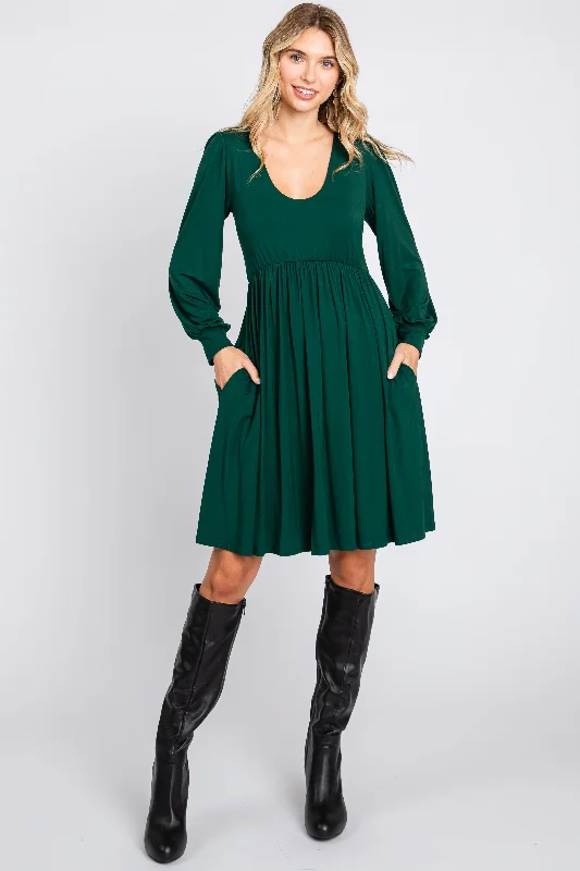 Flash Sales Today Forest Green Long Puff Sleeve Dress