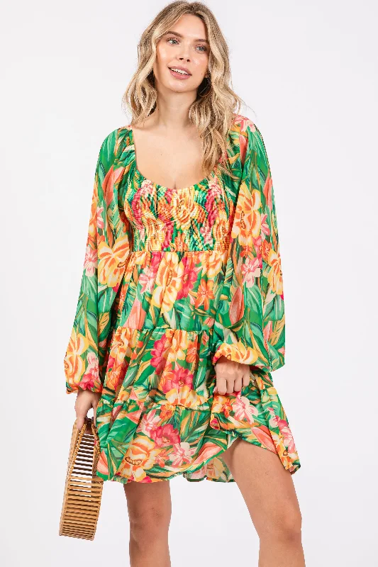 Winter Wardrobe Clearance Green Tropical Floral Smocked V-Neck Midi Dress