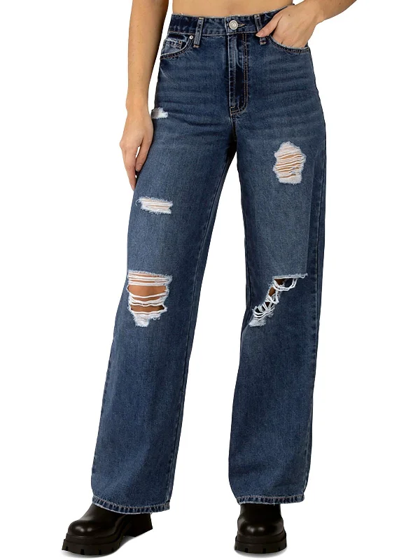 Women's Professional Apparel Juniors Womens High Rise Distressed Straight Leg Jeans