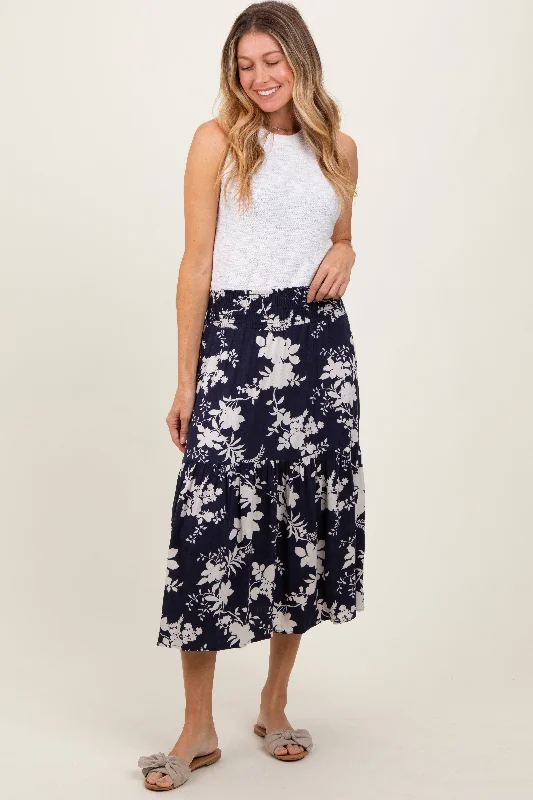 Fashion-forward Women's Clothing Navy Floral Smocked Waist Midi Skirt