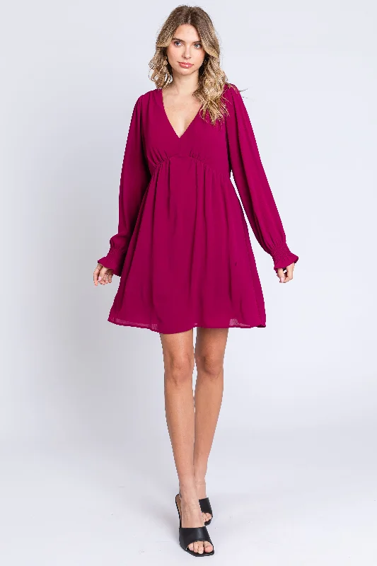 Clothing Woman Magenta V-Neck Long Sleeve Dress