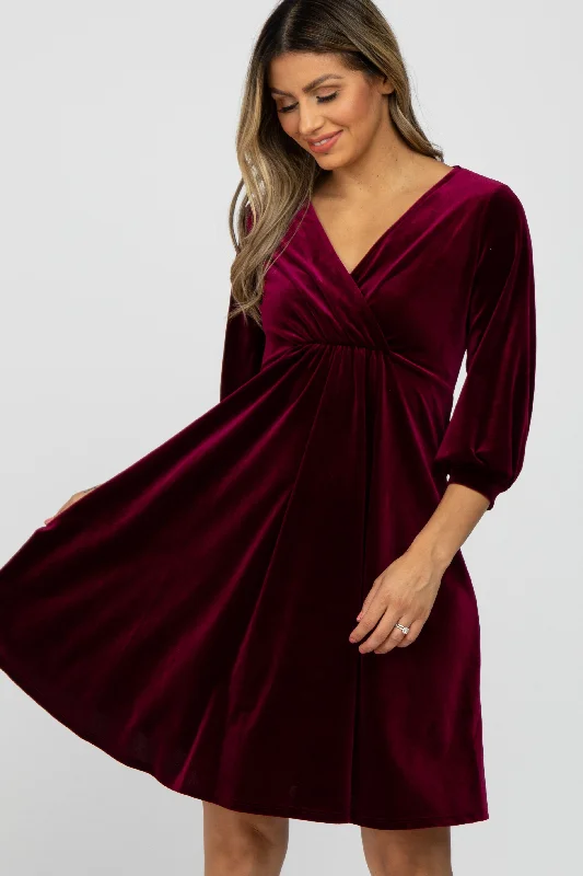 Exclusive Women's Fashion Collection Burgundy Velvet Wrap Front Babydoll Dress