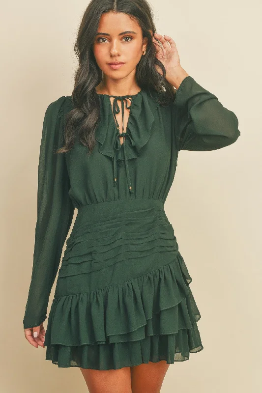 Flash Sale Clothing Green Ruffle Ruched Mini Dress