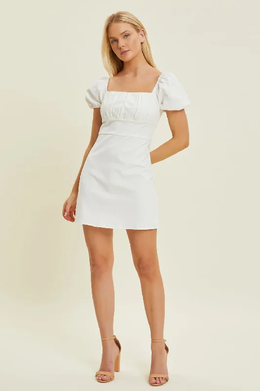 Timeless Women's Clothing Ivory Ruched Bust Tie Back Mini Dress