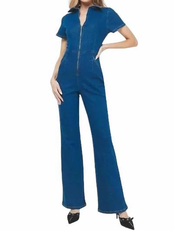 Women's Clothing Sets Short Sleeve Denim Jumpsuit In Blue