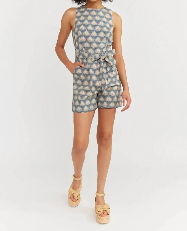 Easygoing Women's Style Novelty Geo Linen Tie Waist Romper In Blue Natural