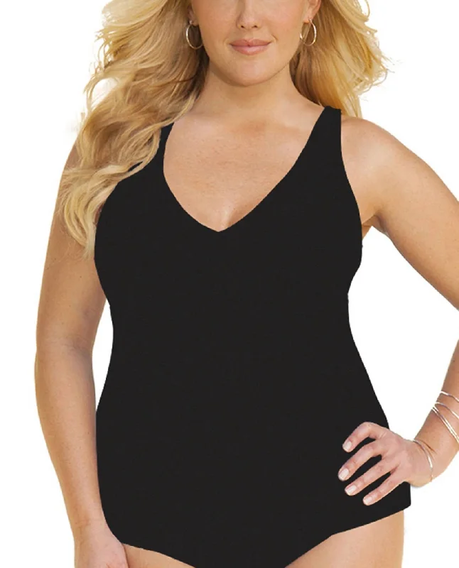 Bundle Offer Plus Size Ruched A-Line Tankini Top In Black