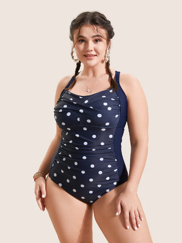 Women's Clothes Polka Dot Patchwork Crossover One Piece Swimsuit