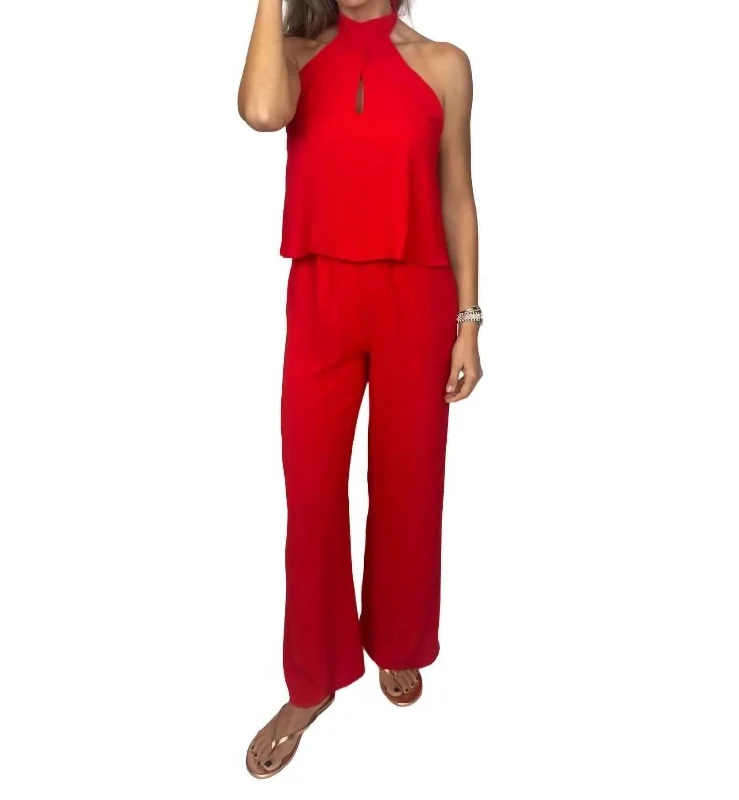 Women's Active Garments For Workouts Teardrop Keyhole Halter Jumpsuit In Red