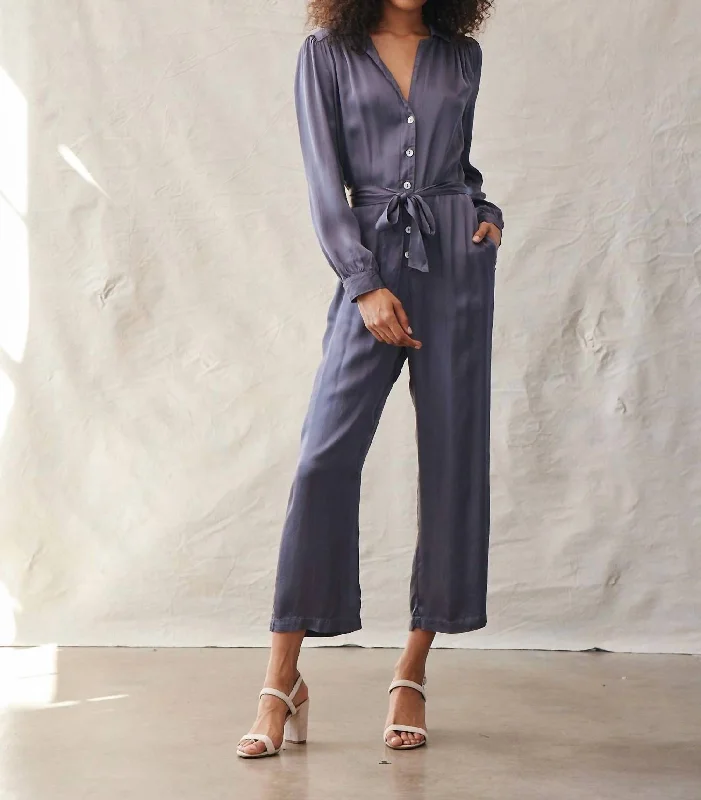 Women's Clothing For Work Gathered Button Front Jumpsuit In Smoke Shadow