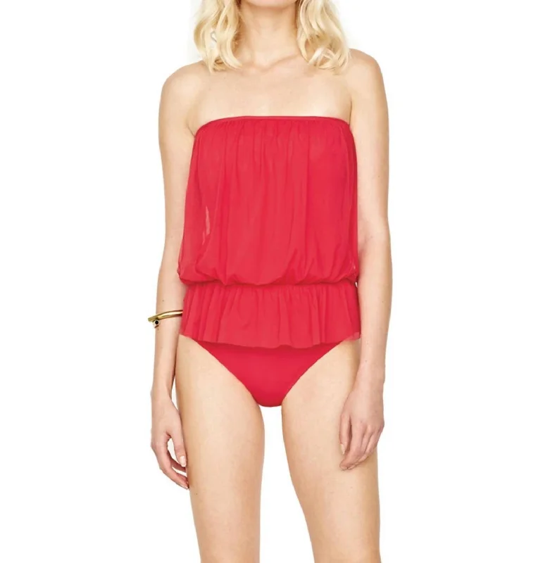 Women's Resort Garments Mesh Blouson Bandeau One Piece Swimsuit In Lattice Red