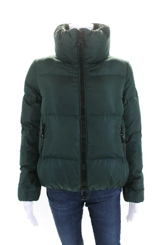 Women's Formal Clothes Moncler Womens Dark Green Full Zip Mock Neck Long Sleeve Puffer Coat