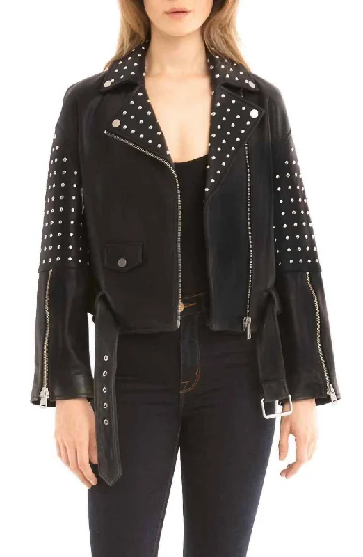 Women Fashion Belted Studded Moto Biker Asymmetrical Leather Jacket In Black