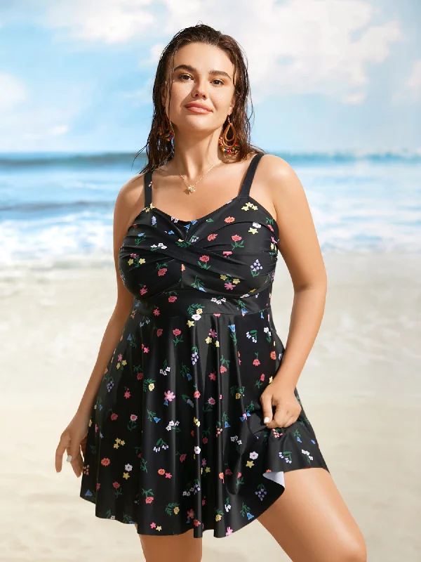 Clothing Sale Heart Neckline Floral Twist Front Swim Dress