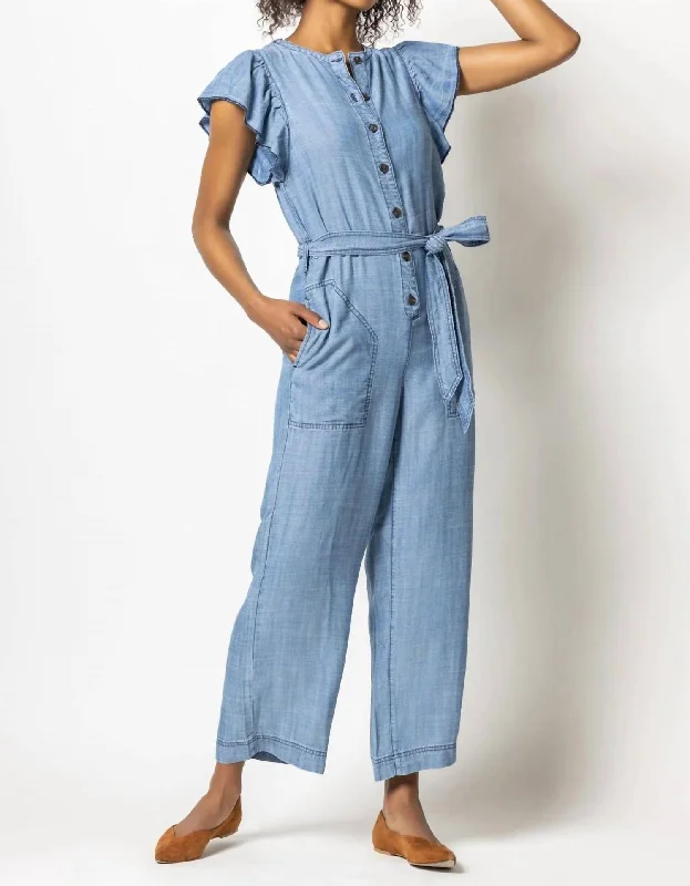 Women's High-Fashion Apparel Flutter Sleeve Jumpsuit In Washed Chambray