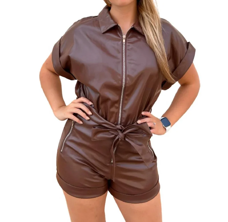 Trendy Athleisure Clothing For Women Lexa Faux Leather Romper With Tie In Brown