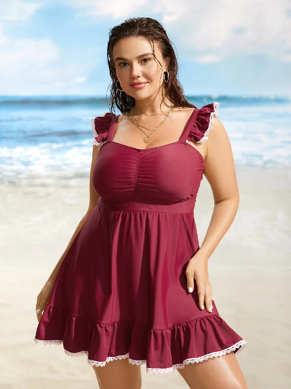 Best Online Boutiques Heart Neckline Gathered Patchwork Lace Trim Swim Dress