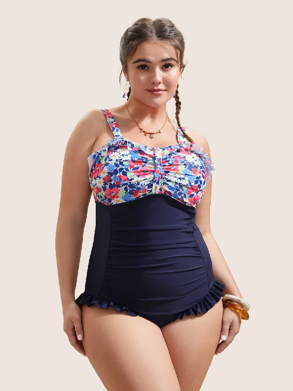 Clothes For Women Ditsy Floral Patchwork Ruffles Gathered One Piece Swimsuit