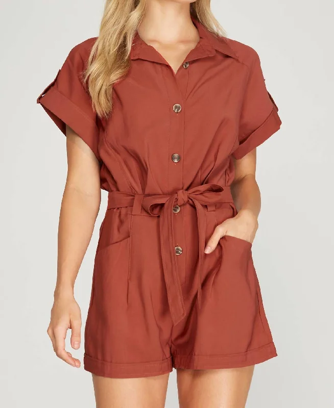 Affordable Trendy Clothes For Women Drop Shoulder Woven Twill Romper With Pockets In Rust