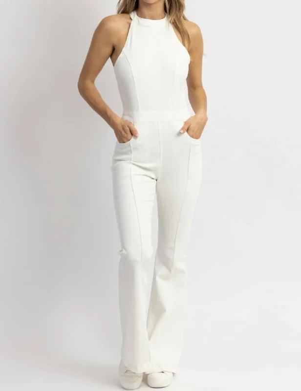 Outfits Ideas Alia Halterneck Zippered Denim Jumpsuit In White