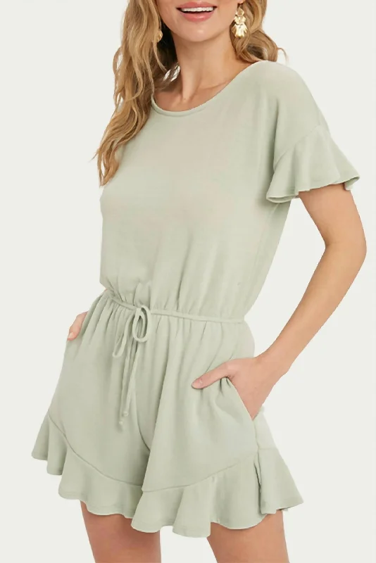 Women's Casual Clothing For Lounging Drawstring-Waist Ruffled Terry Romper In Sage