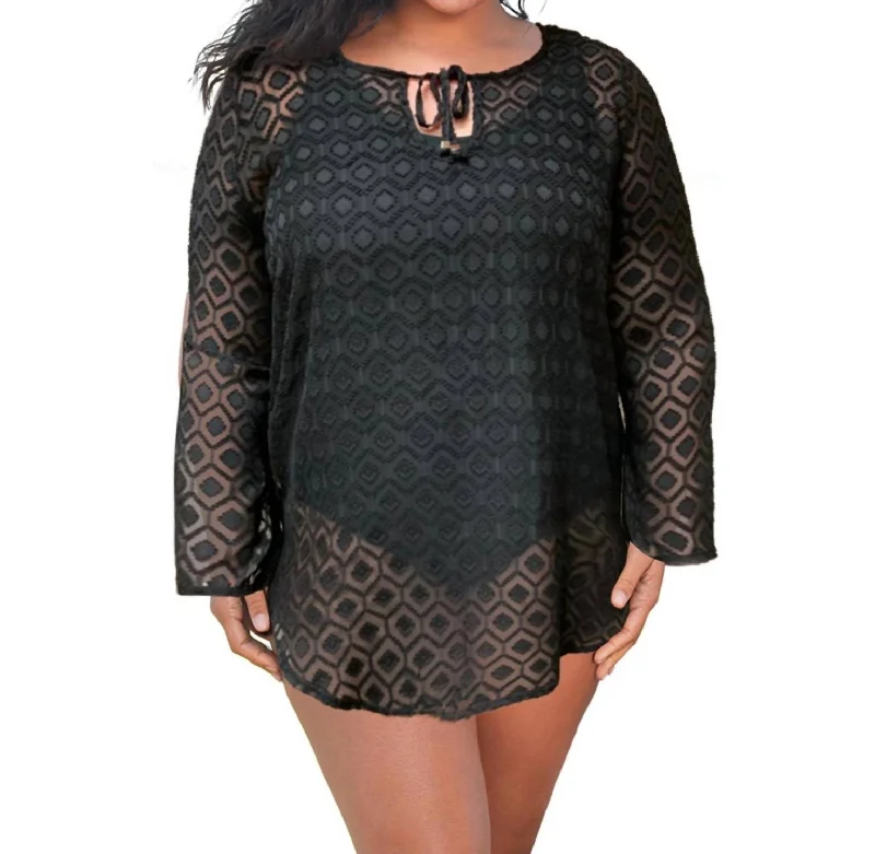 Clothes Of Woman Plus Size Long Sleeve V-Neck Tunic Cover Up In Black