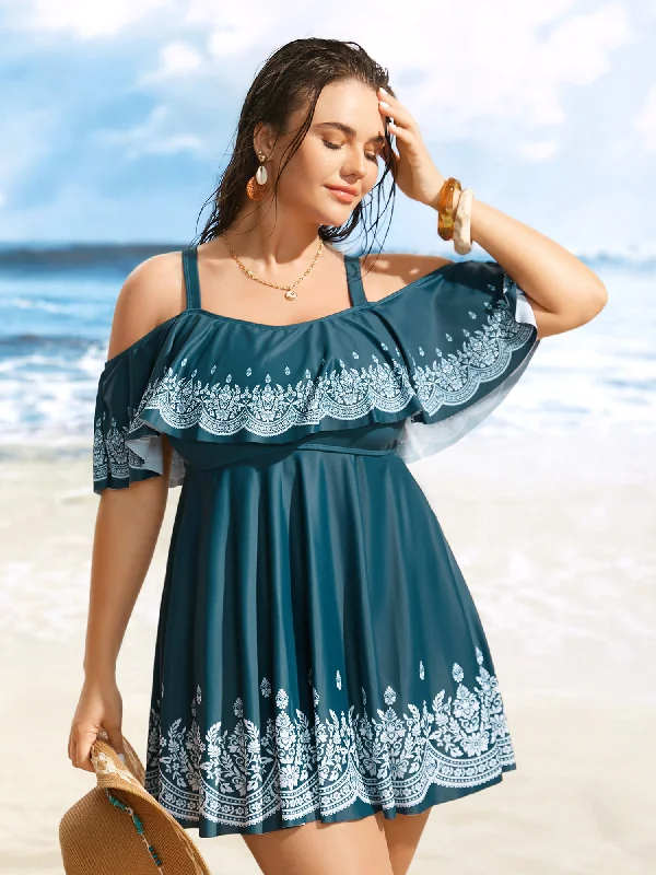 Women Fashion Boho Print Off Shoulder Ruffle Trim Swim Dress