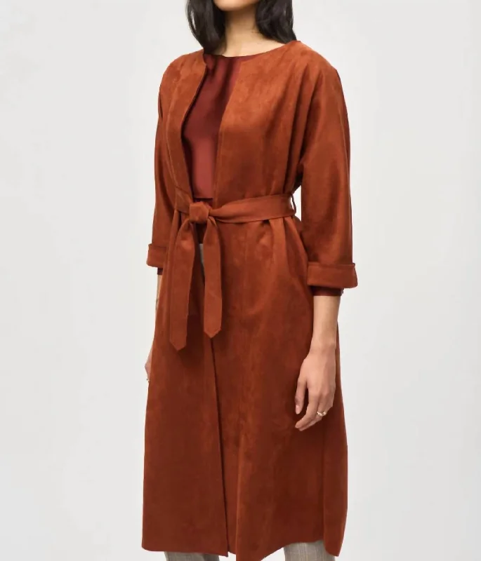 Online Boutique Clothing Suede Straight Fit Coat In Cinnamon