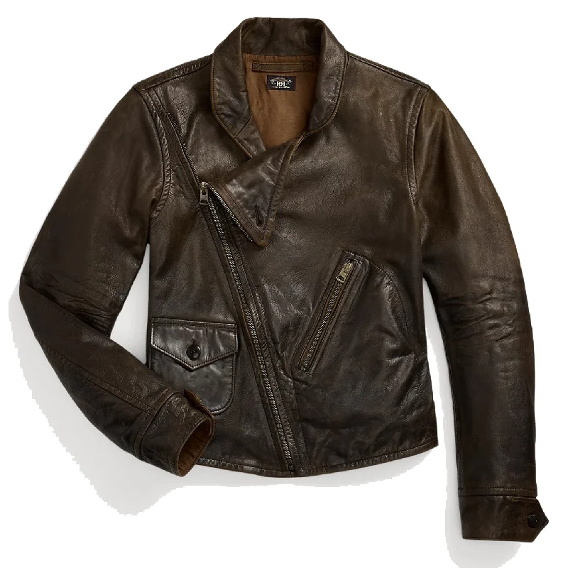 Women's Casual Wear Outfit RRL by Ralph Lauren Womens Leather Moto Jacket Dark Sepia