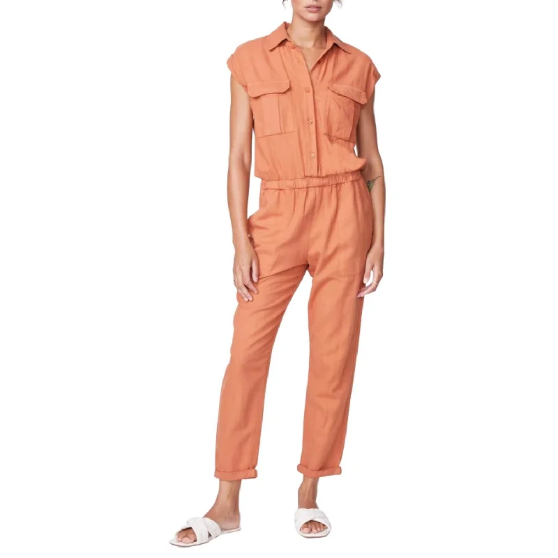 Women's Comfortable Lounge Garments Cotton Twill Jumpsuit In Faded Rust