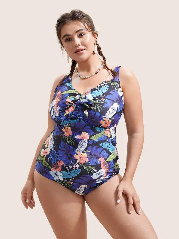 Flash Sale Or Flash Sales Tropical Print Knotted Tummy Control One Piece Swimsuit