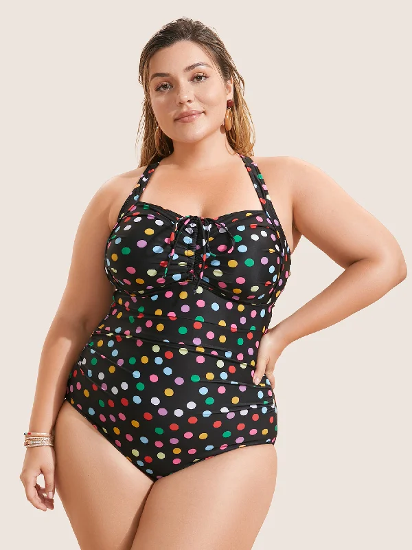 Timeless Women's Clothing Colored Polka Dot Ties Ruched One Piece Swimsuit