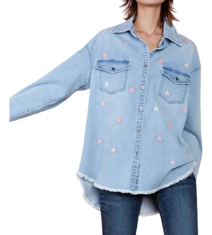 Women's Workout Clothing Denim Star Embroidered Shirt Jacket In Blue