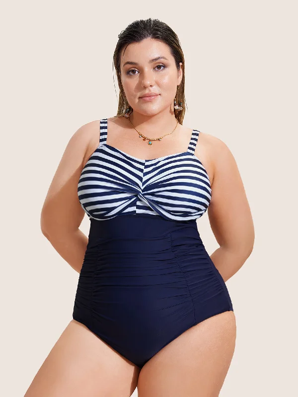 Women's Seasonal Clothes Striped Patchwork Twist Front One Piece Swimsuit