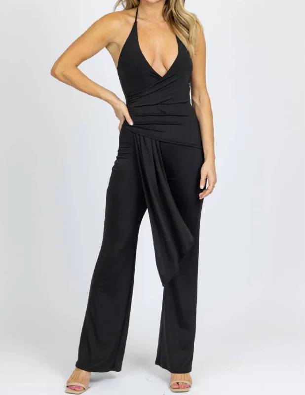 Women's Clothes Online Shopping Halter Ruche Front Jumpsuit In Black