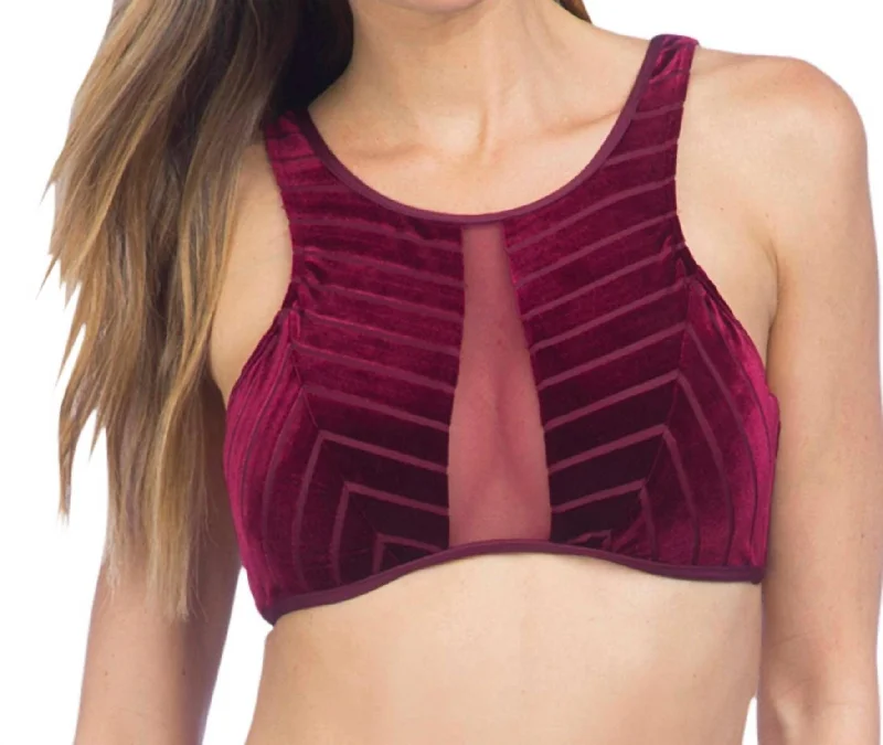 Women's Work Outfit Stripe Mesh High Neck Bikini Top In Burgundy Velvet