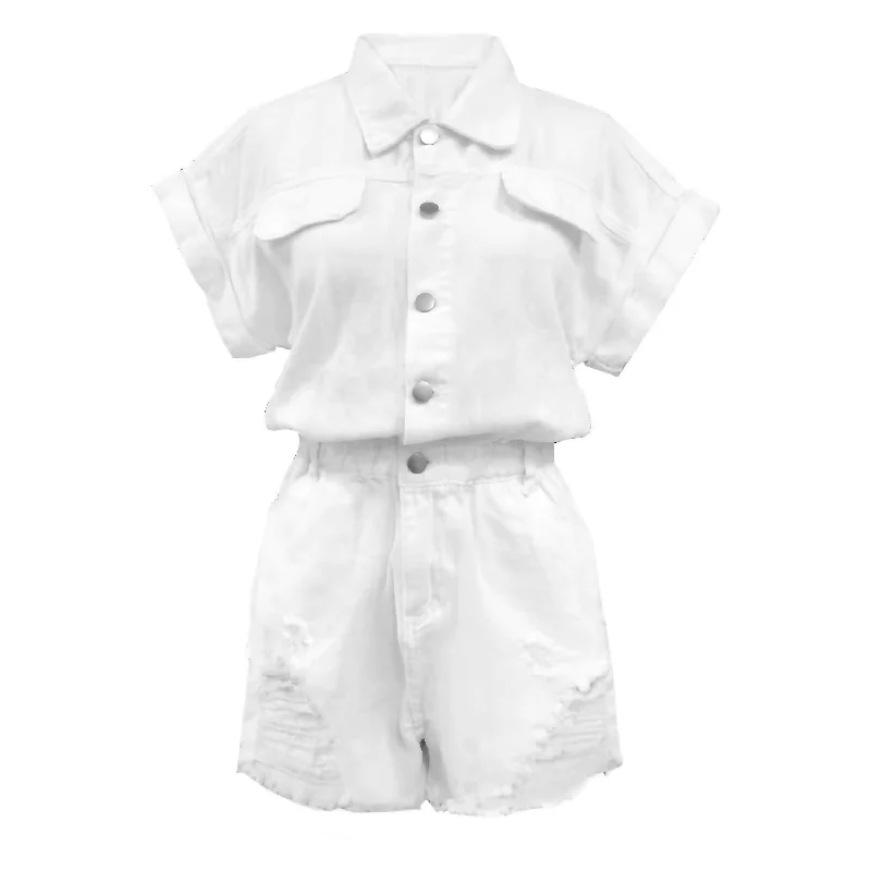 Women's Transitional Garments Distressed Denim Romper In Ivory