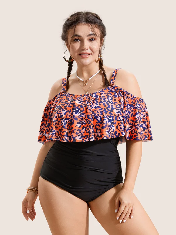 Women's Professional Apparel Leopard Patchwork Cold Shoulder One Piece Swimsuit