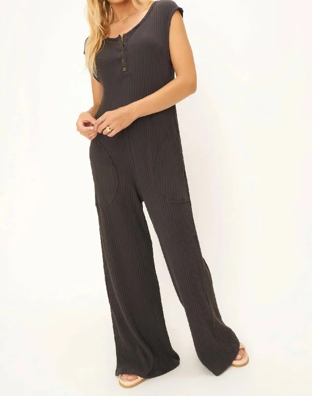 Women's Office Outfit Frida Henley Sweater Rib Jumpsuit In Black