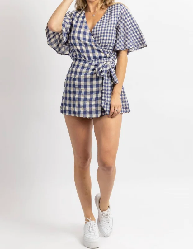 Online Boutiques Affordable Gingham Wrap Romper In Navy + Natural