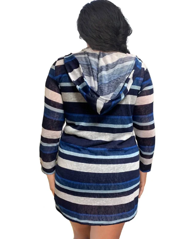 Cheap Women's Clothing Online Plus Size Long Sleeve Hooded Cover Up Tunic In Blue Stripe