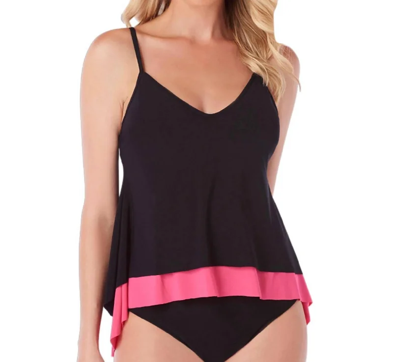 Women's Cozy Winter Attire Underwire Jolene Layered Tankini Top In Black And Watermelon