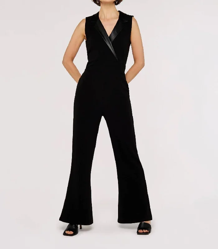 Woman Clothing Faux Leather Collared Jumpsuit In Black