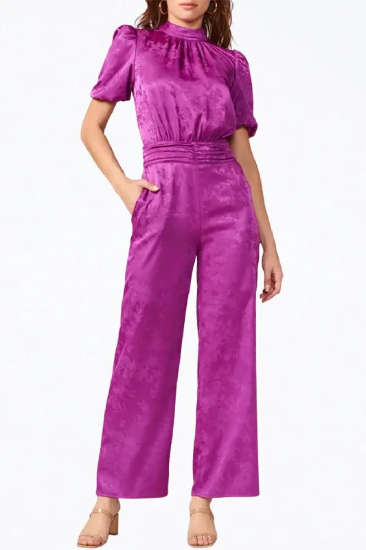 Women's Vintage-Inspired Clothing Theo Open-Back Sateen Jacquard Jumpsuit In Purple