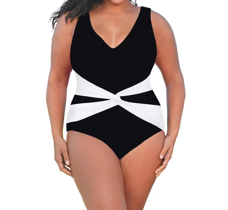 End of Season Sale Plus Size V-Neck Twist Front One Piece Swimsuit In Black