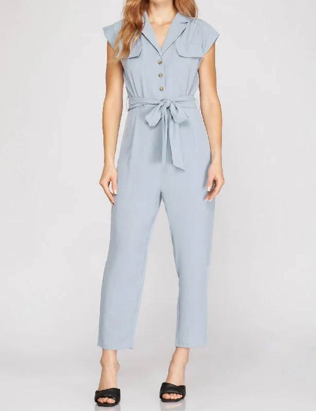 Women's Fashion Clothes Dolman Sleeve Flap Pocket Belted Jumpsuit In Light Blue