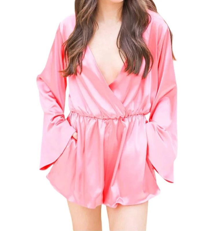 Women's Fashion Clothes Satin Surplice Romper In Coral