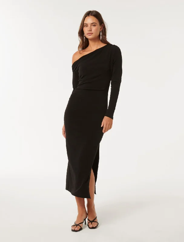 Clothing Woman Alexandra Tipped Shoulder Long Sleeve Midi Dress