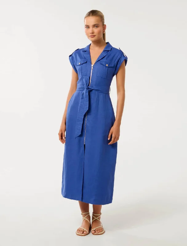 Online Boutique Stores Alison Linen Front Pocket Zip Utility Midi Dress