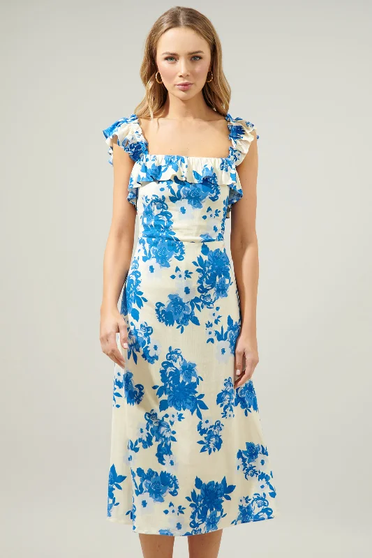 Women's Vintage-Inspired Outfit Azure Kona Floral Ruffle Trim Milo Midi Dress